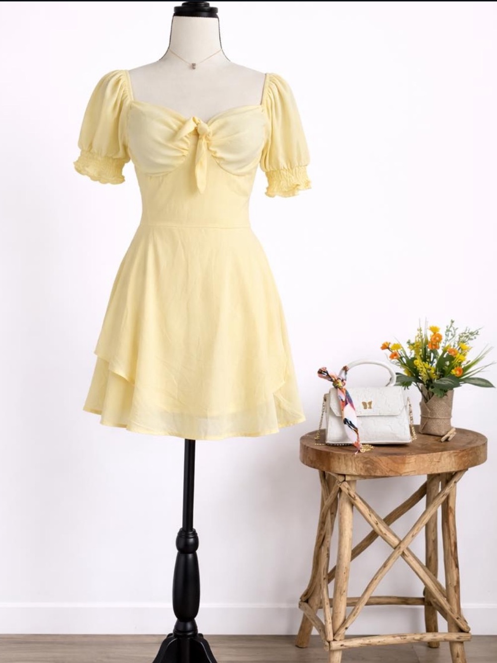 Othr Pale Yellow Tie-Front Puff Sleeve Mini Dress